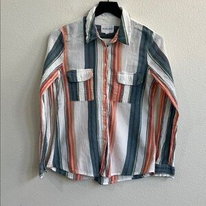 OLIVE & OAK Button-Down LS Roll Tap Crinkle White/Multicolor Striped Women's S